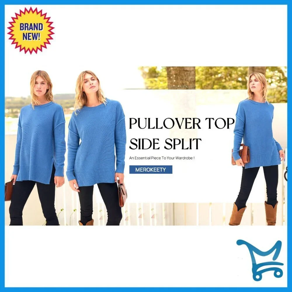 Oversized Pullover Sweater Tunic Length Side Split Casual Loose Fit